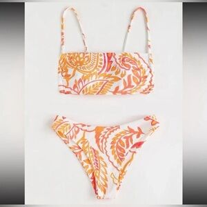 NWOT Women’s Floral Orange & Pink Square Neck Bikini Set Size Medium